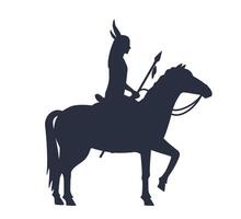 inheems Amerikaans Indisch krijger silhouet met een speer rijden paard. ruiter in traditioneel kostuum. vector