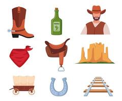 wild west pictogrammen, set. western en cowboy elementen. uithangbord, salon deur, gezocht poster, sheriff insigne, cactus, koe schedel, cowboy hoed, revolver, wagen. Texas symbolen. vector