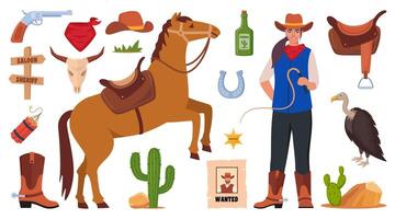 wild west pictogrammen, set. western en cowboy elementen. uithangbord, salon deur, gezocht poster, sheriff insigne, cactus, koe schedel, cowboy hoed, revolver, wagen. Texas symbolen. vector