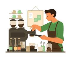 barista Mens maken koffie Bij bar teller in koffie winkel vector