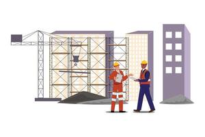 modern architectuur illustratie met twee ingenieurs inspecteren bouw sites vector