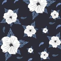 een modern traditioneel bloemen naadloos patroon textiel tropisch bicolor bloem en bladeren miniafdruk. bloemen naadloos patroon. wit petunia's Aan een donker blauw achtergrond. vector