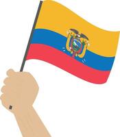 hand- Holding en verhogen de nationaal vlag van Ecuador vector