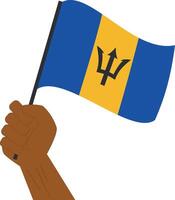 hand- Holding en verhogen de nationaal vlag van Barbados vector