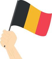 hand- Holding en verhogen de nationaal vlag van belgie vector