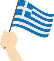hand- Holding en verhogen de nationaal vlag van Griekenland vector