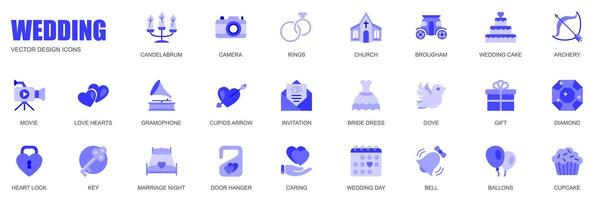 bruiloft concept van web pictogrammen reeks in gemakkelijk vlak ontwerp. pak van ringen, kerk, brougham, taart, boogschieten, liefde, hart, grammofoon, huwelijk, bruid jurk en ander. blauw pictogrammen voor mobiel app vector