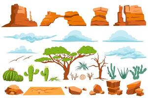 woestijn natuur geïsoleerd grafisch elementen reeks in vlak ontwerp. bundel van verschillend vorm bergen en rotsen, stenen, wolken in lucht, bomen, cactus en andere planten voor dor klimaat. illustratie. vector