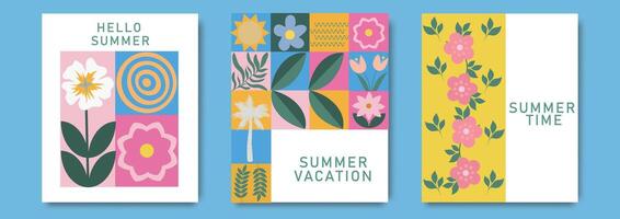 zomer meetkundig bloemen kleurrijk vlak mozaïek- kaart set. modern horizontaal illustratie voor banier, sociaal media. Zwitsers stijl. neo geo- kunst voor groet kaarten, affiches, banier, en sociaal media vector