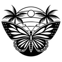vlinder en palm bomen, zonsondergang t-shirt ontwerp illustratie vector