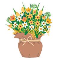 geel voorjaar bloemen in een rustiek vaas. een boeket van narcissen en tulpen in een bloem pot. geïllustreerd clip art. vector