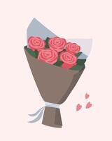 een boeket van rozen in een feestelijk pakket. bundel van mooi bloemen met bladeren. geschenk voor verjaardag, Valentijnsdag dag. vector