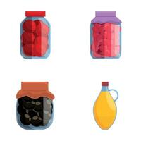 ingeblikt voedsel pictogrammen reeks tekenfilm . glas pot met divers bewaard gebleven Product vector