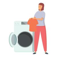 mam zetten kleren in het wassen machine icoon tekenfilm . werk huis vector