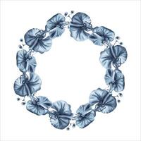 bloemen krans met blauw orchidee bloemen en knoppen. hand- getrokken waterverf illustratie geïsoleerd Aan wit achtergrond. indigo monochroom ronde kader voor mode en schoonheid logo, kaart en uitnodiging ontwerp vector