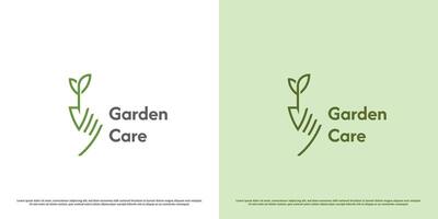 fabriek zorg logo ontwerp illustratie. hand- silhouet Schep fabriek liefdadigheid groen tuin park eco zaad buitenshuis natuur milieu bio vers blad. meetkundig abstract modern minimaal gemakkelijk icoon symbool. vector