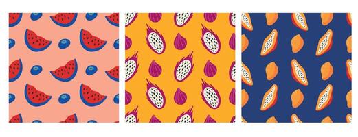 exotisch fruit naadloos patroon set. papaja, pitaja, watermeloen. zomer patroon reeks voor verpakking, kleding, geval, Hoes vector