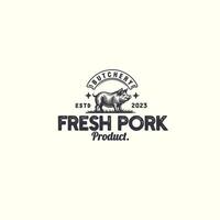 hand- getrokken varken varkensvlees wijnoogst insigne logo geschikt voor slager winkel of varken boerderij vector