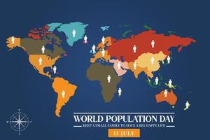 wereld bevolking dag. kleurrijk wereld kaart en bevolking symbolen. vector