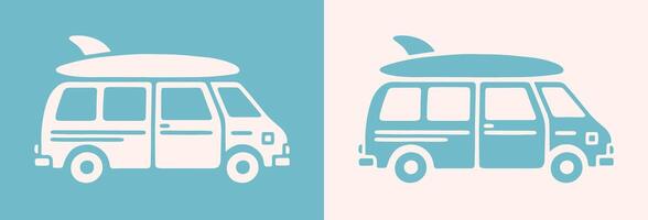 camper busje met surfboard Aan top surfer busje leven vanlife levensstijl surfing logo schattig minimalistische gemakkelijk illustratie kunst tekening icoon boho retro blauw esthetisch afdrukken besnoeiing het dossier vector