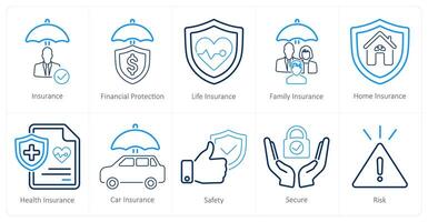 een reeks van 10 verzekering pictogrammen net zo veiligheid, financieel bescherming, leven veiligheid vector