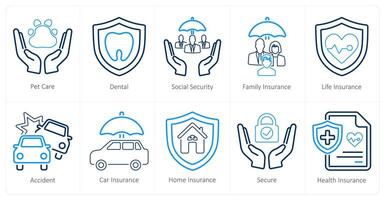 een reeks van 10 verzekering pictogrammen net zo huisdier zorg, tandheelkundig, sociaal veiligheid vector