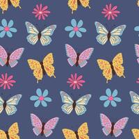 vlinders en bloemen naadloos patroon Aan donker blauw achtergrond. vector