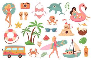 zomer strand reizen set. schattig tekenfilm stickers verzameling. zomer vakantie, strand rust uit, vakantie concept. vector