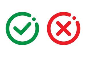 Rechtsaf of mis pictogrammen. groen Kruis aan en rood kruis vinkjes in cirkel vlak pictogrammen. Ja of Nee symbool, goedgekeurd of afgekeurd icoon voor gebruiker koppel. vector