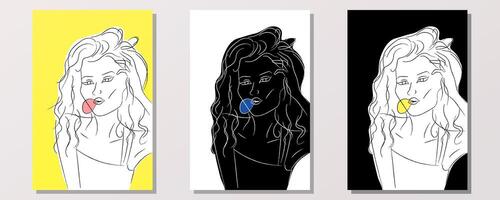 minimalistische pop-art stijl portret. lijn vrouw portret. hand- getrokken abstract vrouwelijk afdrukken. gebruik voor sociaal netto verhalen, schoonheid logo's, poster illustratie, kaart, t-shirt afdrukken. mode meisje vector