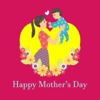 gelukkig moeders dag post banier met moeder en kind Aan een hart vorm achtergrond en bloemen vector