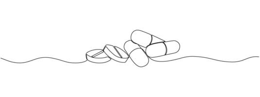 een doorlopend lineair tekening van een verstrooiing van tablets en capsules. farmaceutisch drugs, geneesmiddelen, vitamines, antibiotica in een gemakkelijk lineair stijl. vector