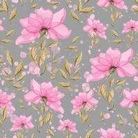 waterverf illustratie van een gemakkelijk roze bloem met bladeren. een delicaat, naadloos patroon Aan een grijs achtergrond. voor ontwerp, stoffen, textiel, kleding, afdrukken, behang, vodje papier vector
