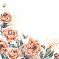 pioen bloemen met bloemknoppen en bladeren met vliegend vlinders in pastel perzik dons kleur. hand- getrokken botanisch waterverf illustratie. romantisch, schattig, mooi, kader, lauwerkrans, sjabloon voor tekst vector