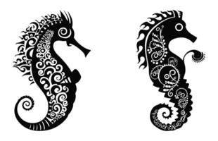 zeepaardje mandala zwart en wit silhouetten vector