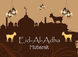 eid al adha festival. groet kaart met offer schapen en halve maan Aan bewolkt nacht achtergrond. eid mubarak thema vector