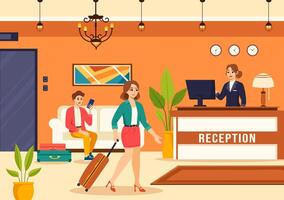 hotel ontvangst interieur illustratie met receptioniste mensen en reizigers voor reservering in vlak tekenfilm achtergrond vector