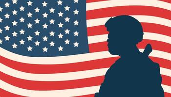 gedenkteken dag achtergrond. de silhouet van een soldaat en Amerikaans vlag. vector