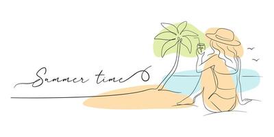 de banier zomer tijd met modieus meisje Aan de strand en tekst in lijn kunst vector