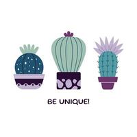 reeks van bloeiend cactussen, vetplanten in potten. schattig tekenfilm cactus. tekening stijl, vlak ontwerp. scandinavisch, boho stijl ansichtkaart. exotisch en tropisch plant, huis decor. worden uniek leuze vector
