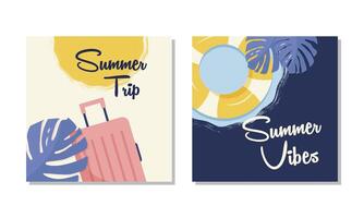 reeks van zomer vakantie posters met een koffer, zon, en leven ring illustratie in een vlak stijl. illustratie reeks verzameling kon worden gebruikt voor banier of poster ontwerp. vector