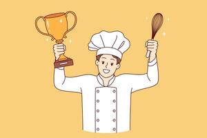 Mens chef koken viert zege in professioneel culinaire toernooi, houdt gouden kop en vliegenmepper vector