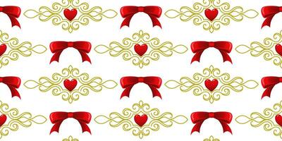 een patroon van rood bogen en goud wervelingen met een hart in de midden. voor kleding stof, behang, omhulsel papier, vakantie verpakking. vector