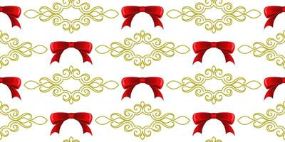 een patroon van rood bogen en goud wervelingen Aan een wit achtergrond. voor kleding stof, behang, omhulsel papier, vakantie verpakking. vector