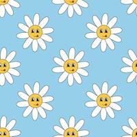 retro jaren 70 Jaren 60 80s hippie groovy schattig madeliefje bloemen naadloos patroon. glimlachen gezicht. kamille bloem macht element. vlak illustratie Aan blauw achtergrond. vector