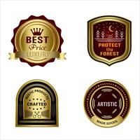 reeks van kwaliteit badges en etiketten ontwerp elementen. gouden insigne etiketten en laurier retro wijnoogst verzameling. embleem premie luxe logo in retro stijl pijlen kaders sjabloon badges verzameling. vector