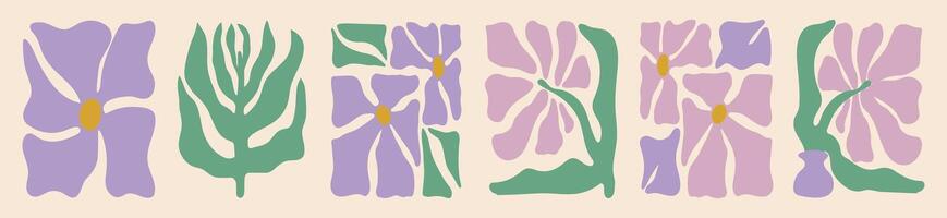 reeks van abstract lavendel bloemen. biologisch krabbels in Purper kleur in modieus naief retro hippie stijl Jaren 60 jaren 70. modern poster en achtergrond. vector