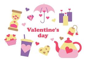 reeks van Valentijnsdag dag artikelen. hart vormig koekjes en chocola spaander koekje. ketel, thee tas. warm thee gemaakt met liefde. kaarsen. zandloper. paraplu. kop van koffie. liefde tijd. illustratie vector