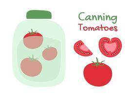 inblikken tomaten in kan. ingrediënt voor bewaren rood groenten. stuk en voor de helft van vers tomaat. voorbereidingen treffen eigengemaakt ingeblikt voedsel voor de winter. natuurlijk veganistisch voedsel. tekening. kleur. illustratie vector
