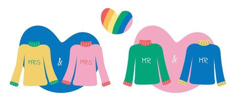 paar- van homo en lesbienne truien. Valentijn dag voor lgbt homoseksueel verhoudingen. regenboog trots hart. warm winter kleren voor liefhebbend koppels. viering. romantiek. vlak stijl. illustratie vector